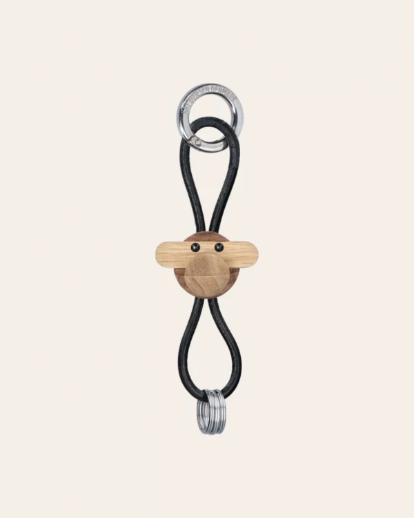 Monkey Silver Keychain with Black Leather teak