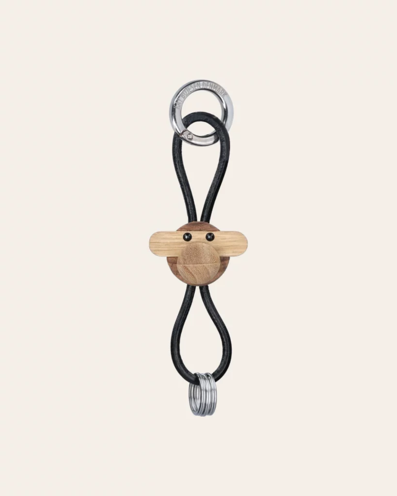 Monkey Silver Keychain with Black Leather teak