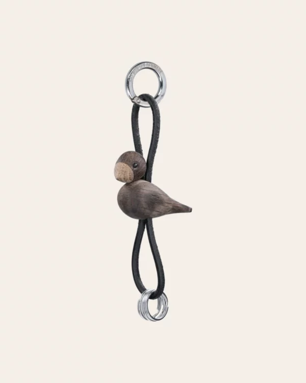 Bird Silver Keychain with Black Leather smoked oak